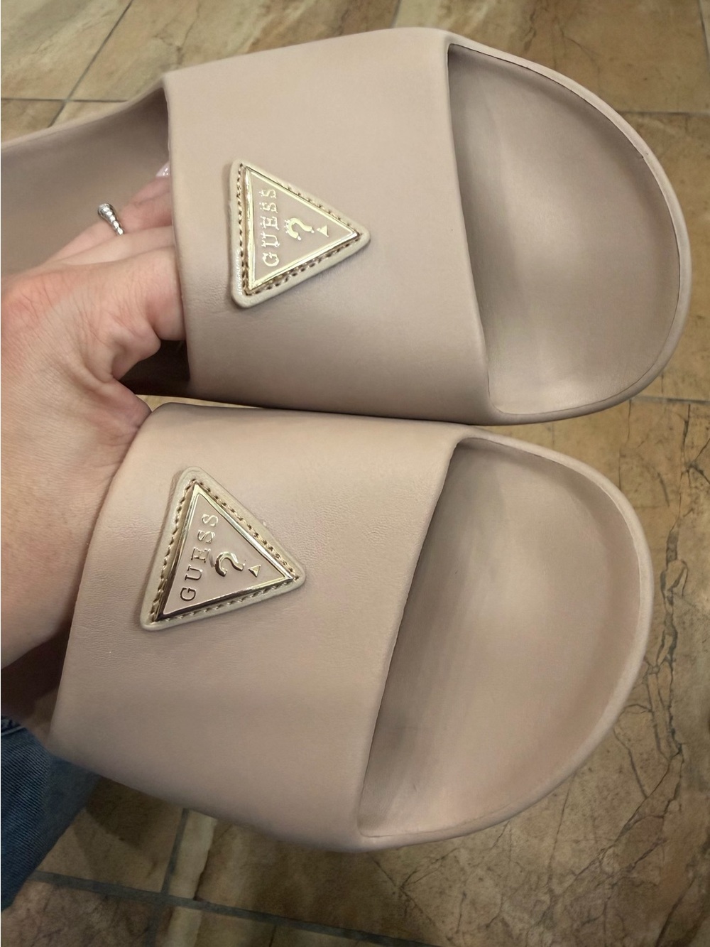 GUESS Taupe Slide Sandals with Gold Triangle Logo